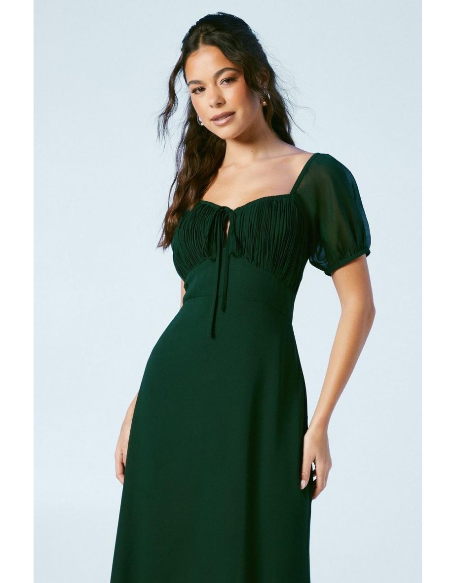Ruched Bodice Puff Sleeve Chiffon Floor Length Bridesmaids Dress - 3