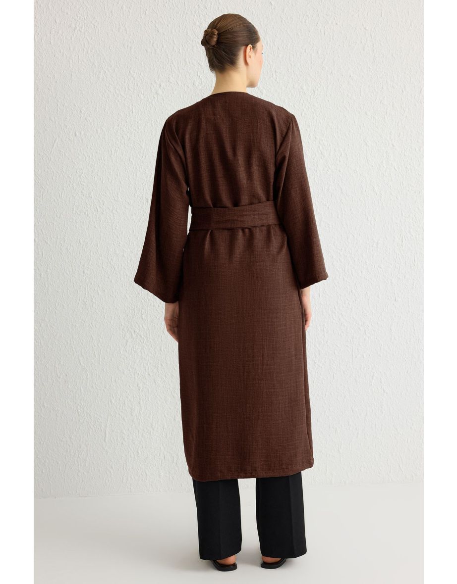 Brown Waist Tie Detailed Linen Look Woven Kimono & Kaftan - 7