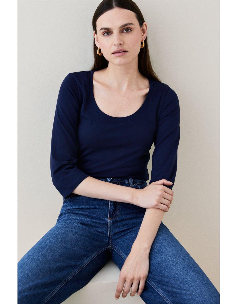 Cotton Scoop Neck 3/4 Sleeve T-shirt