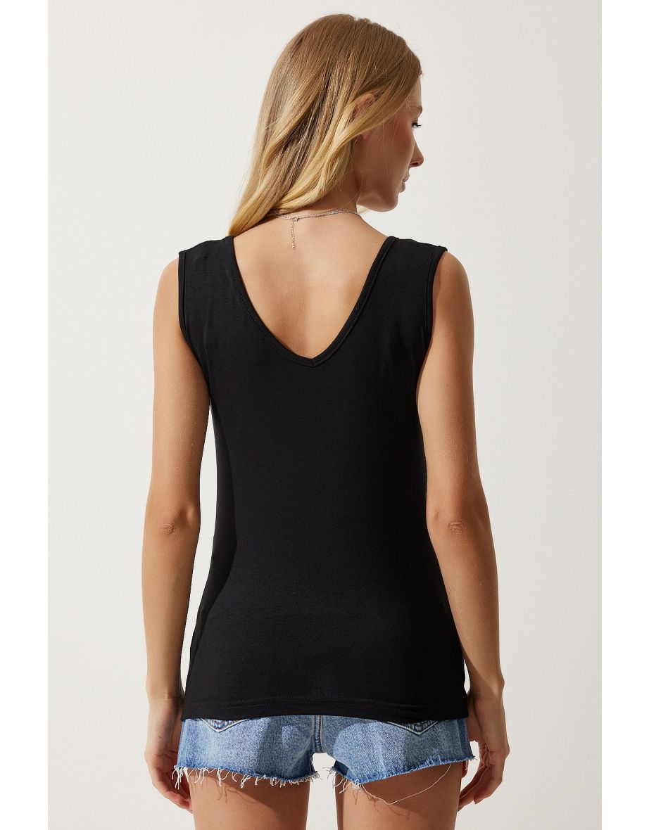 Women's Black Deep Front Back V-Neck Viscose Top - 5