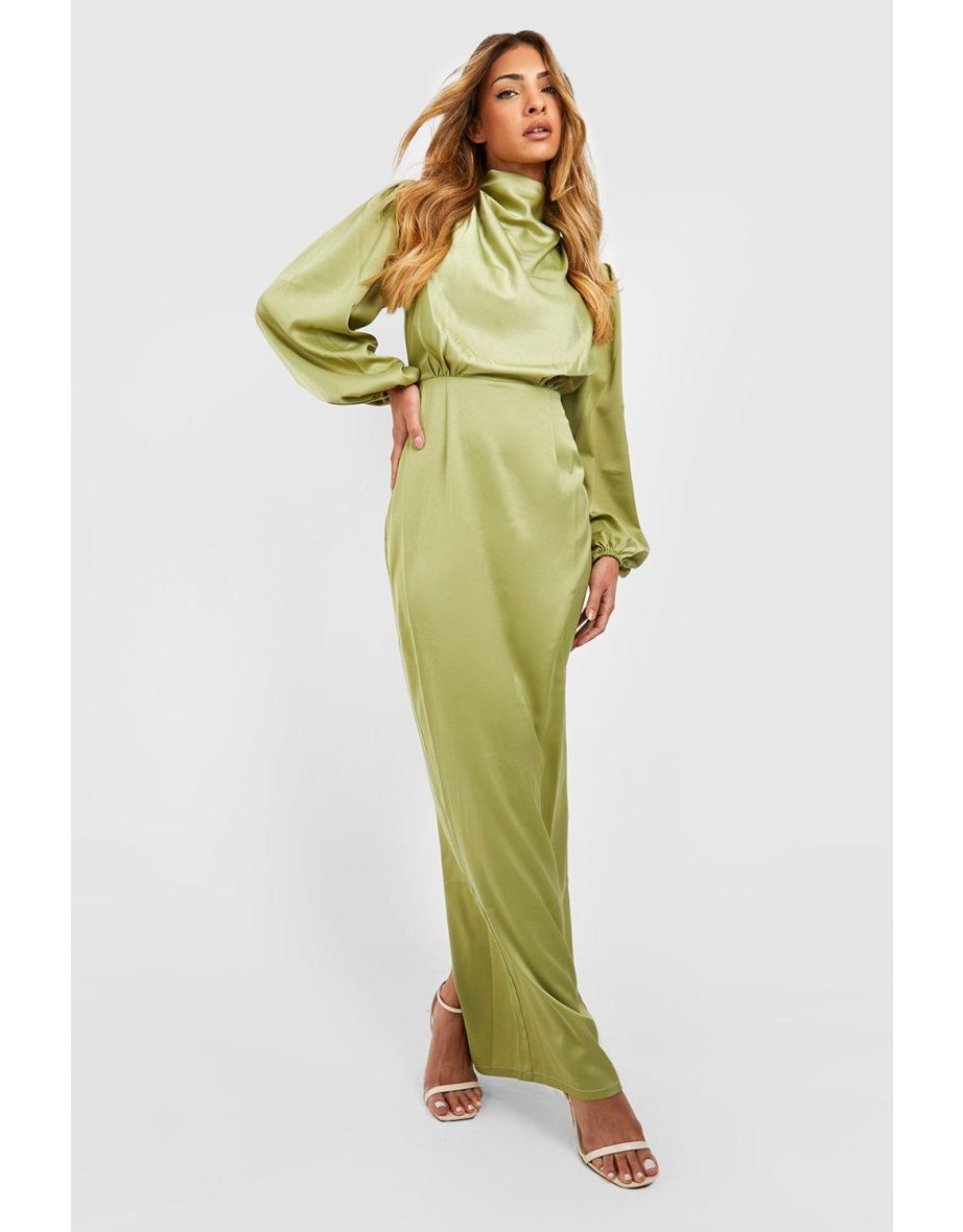 Green Satin Column Maxi Party Dress with Long Sleeve