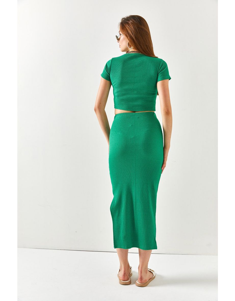 Women's Grass Green Short Sleeved Lycra Set with a Slit and Skirt - 6