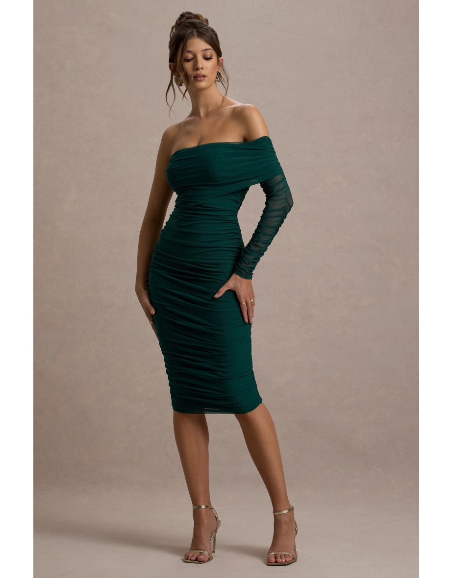 Slate Blue Asymmetric Bardot Mesh Ruched Midi Dress
