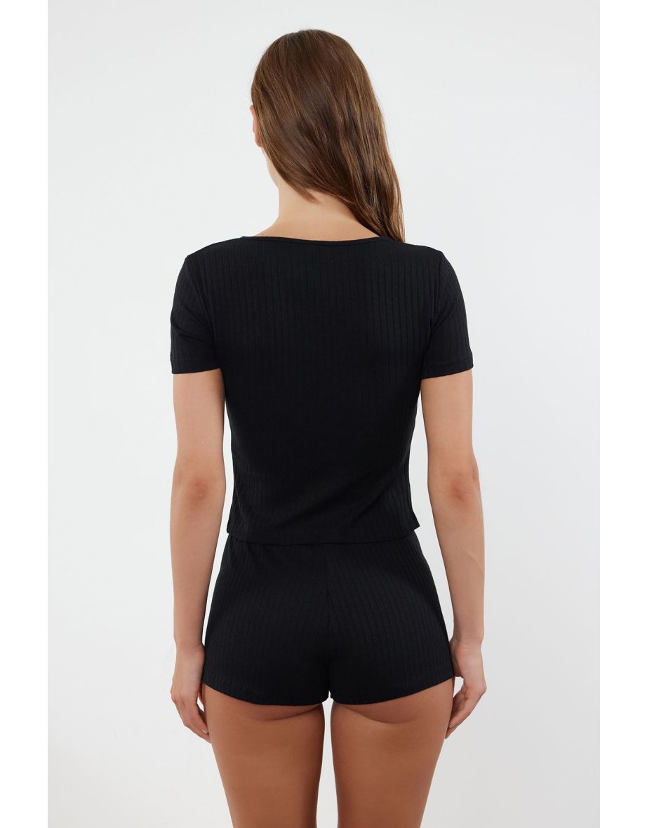 Black Solid Button Camisole Knitted Pajama Set - 4