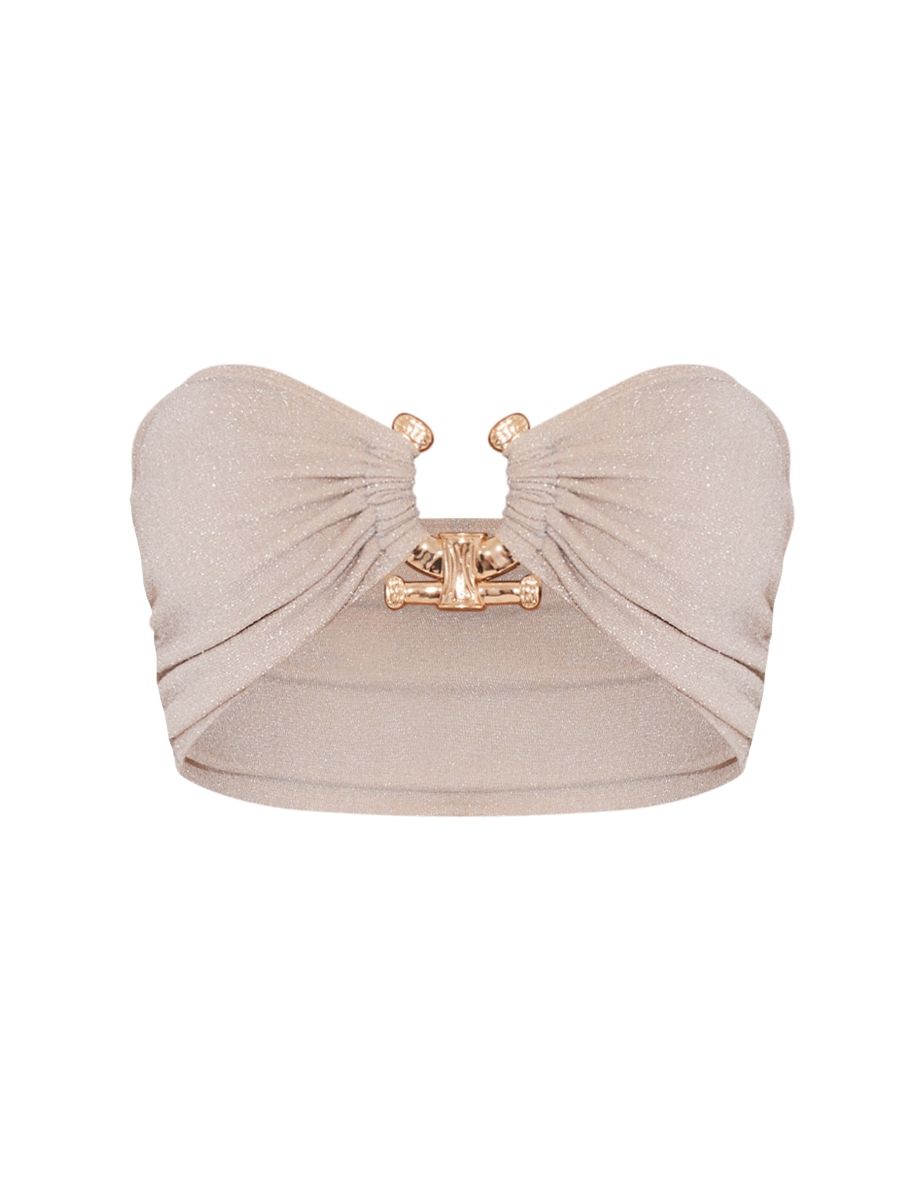 Nude Glitter Hammered Trim Bandeau Bikini Top - 3