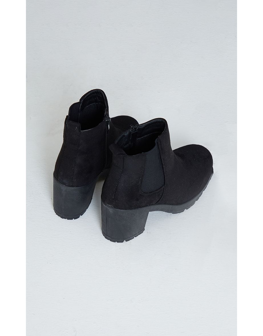 Black Faux Suede Round Toe Block Heel Chelsea Boots - 3