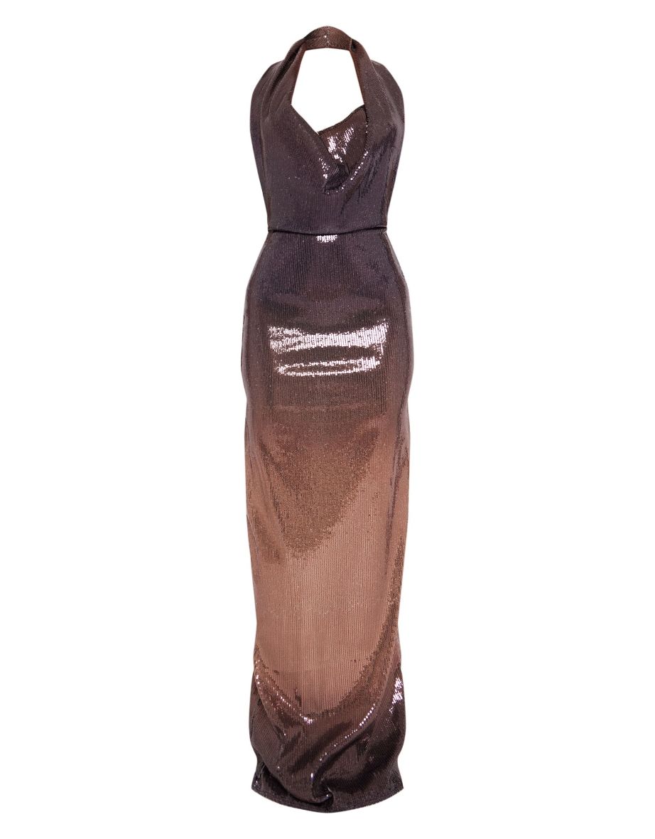Petite Brown Cowl Neck Ombre Sequin Maxi Dress - 4