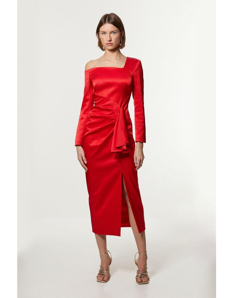 Italian Structured Rib Asymmetric Neckline Draped Tailored Maxi Dress