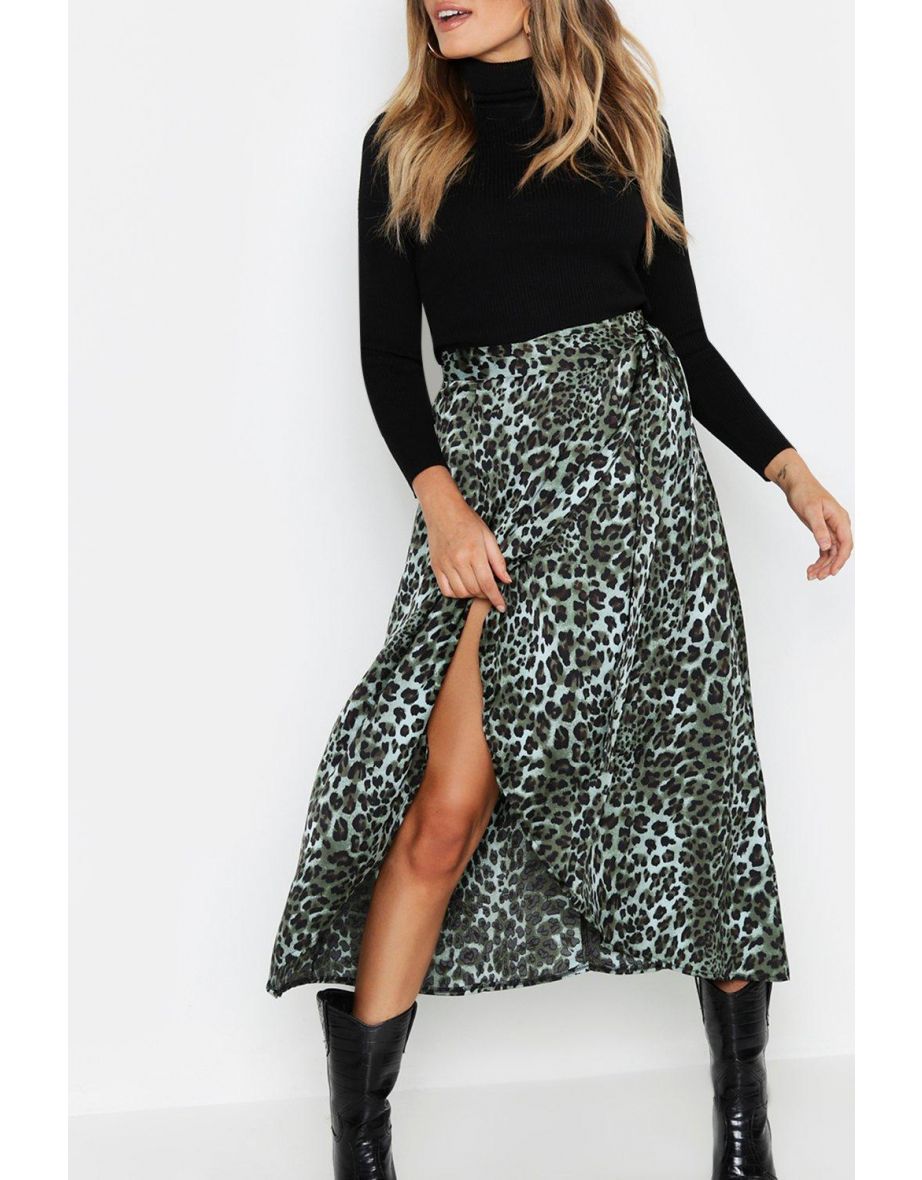 Satin Green Leopard Wrap Midaxi Skirt - green - 3