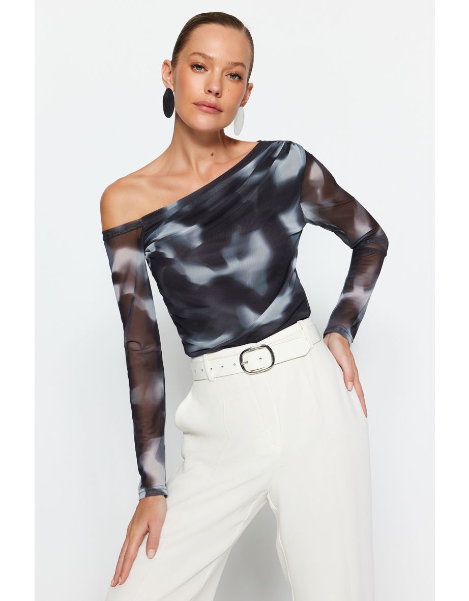 Anthracite Tulle Lined Asymmetrical Collar Blouse