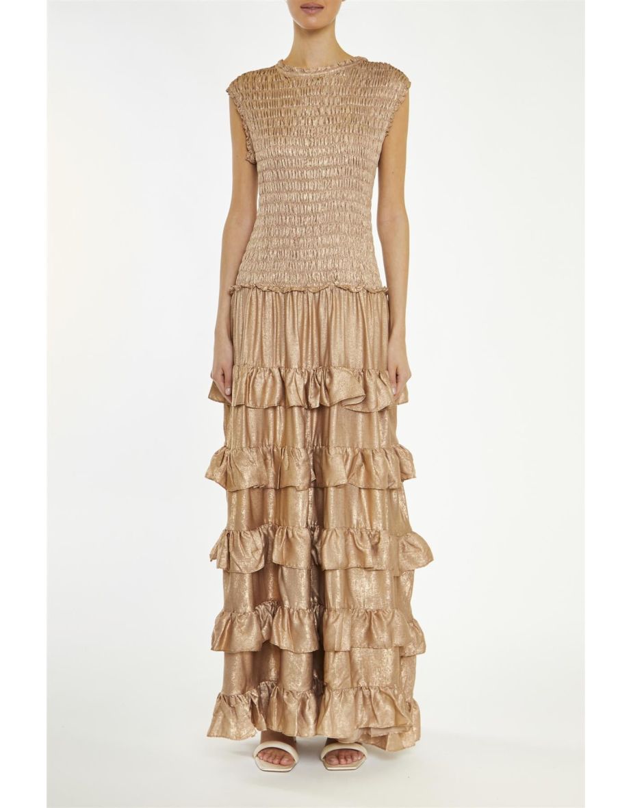 Azaria Dark Metallic-Copper Smocked Dropped-Waist Maxi-Dress