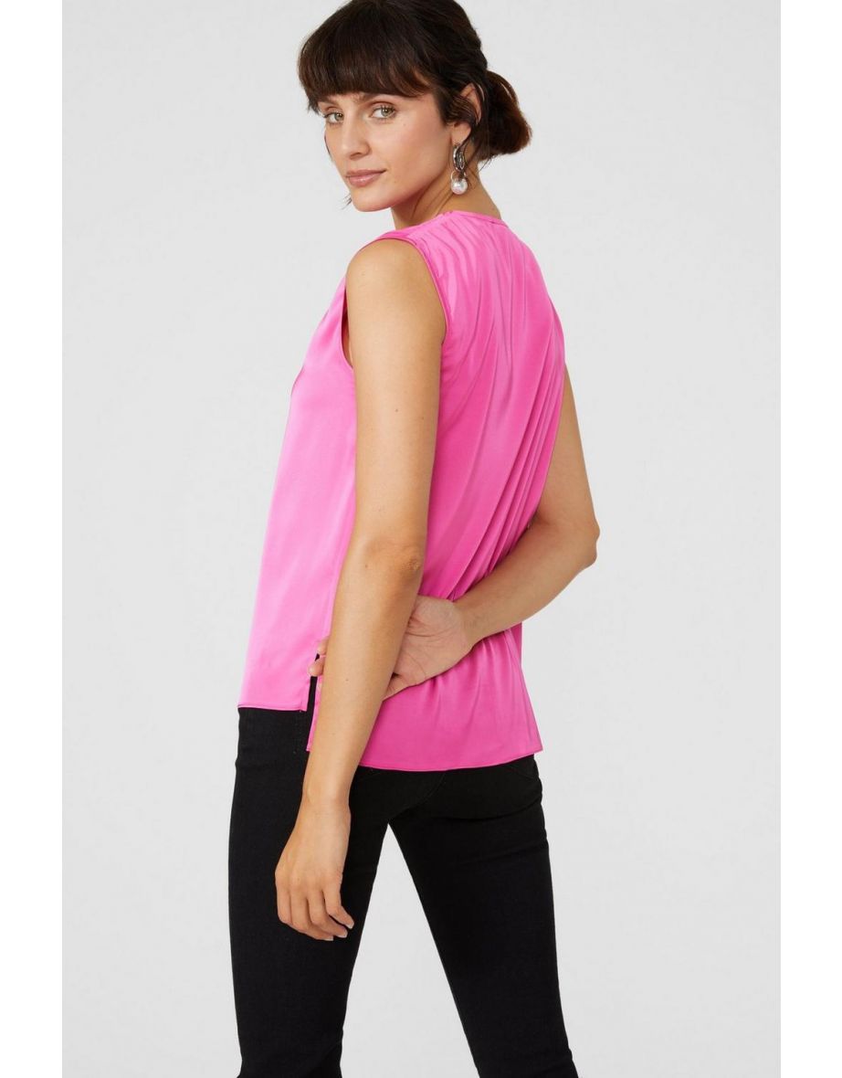 Satin V Neck Ruched Shoulder Top - pink - 3