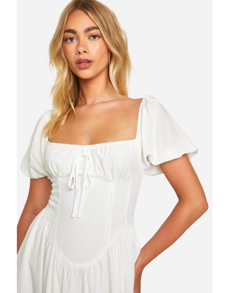 Milkmaid Puff Sleeve Midaxi Smock Dress - white - 3