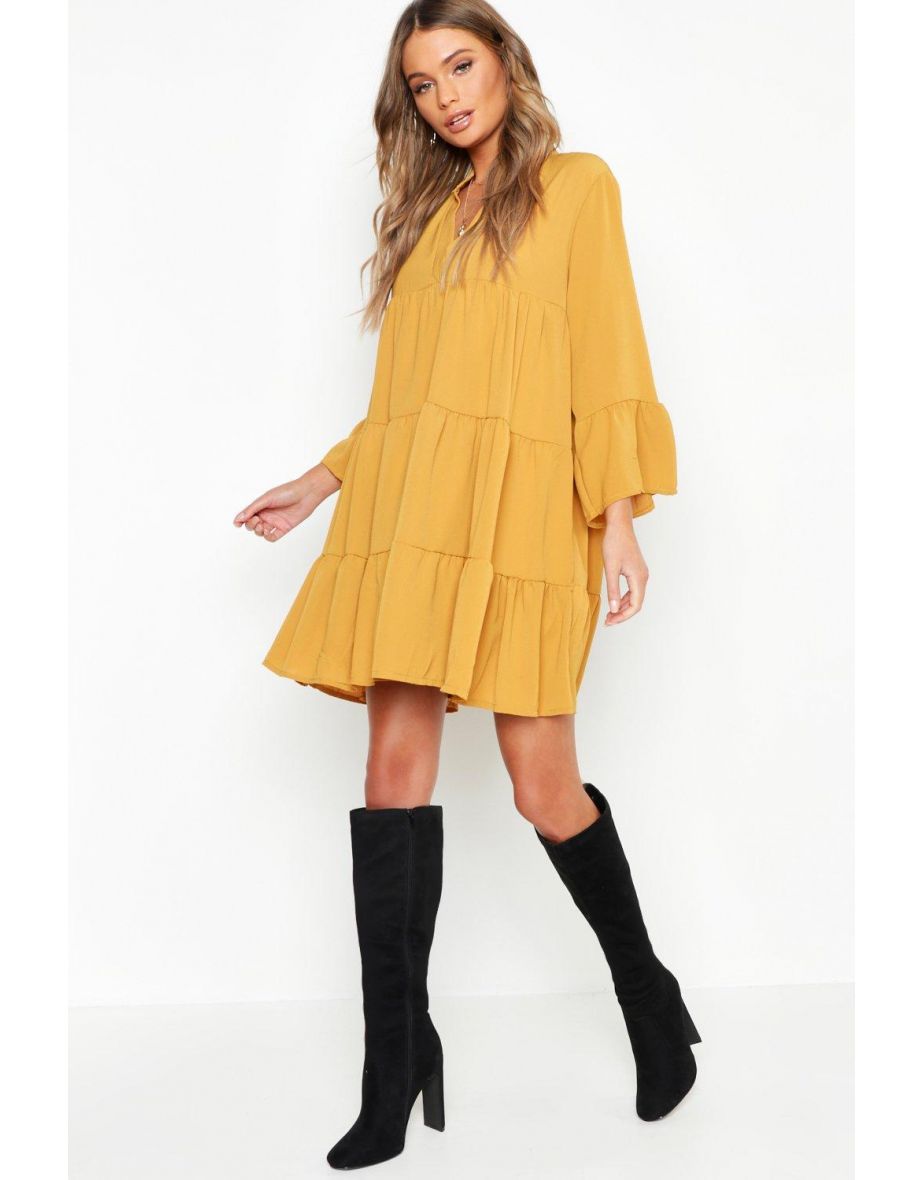 Woven Tiered Shirt Dress - mustard