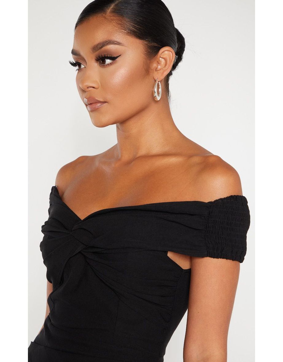 Black Bardot Shirred Pleated Bodycon Dress - 4