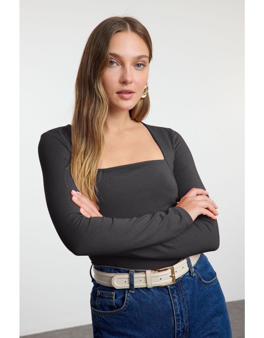 Anthracite Square Neck Gathered/Drape Detailed Slim/Fits Body Knitted top