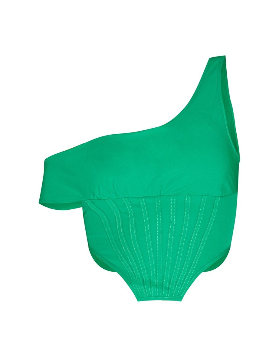 Bright Green Woven Aysmmetric Draped Cowl Neck Corset Crop Top - 4