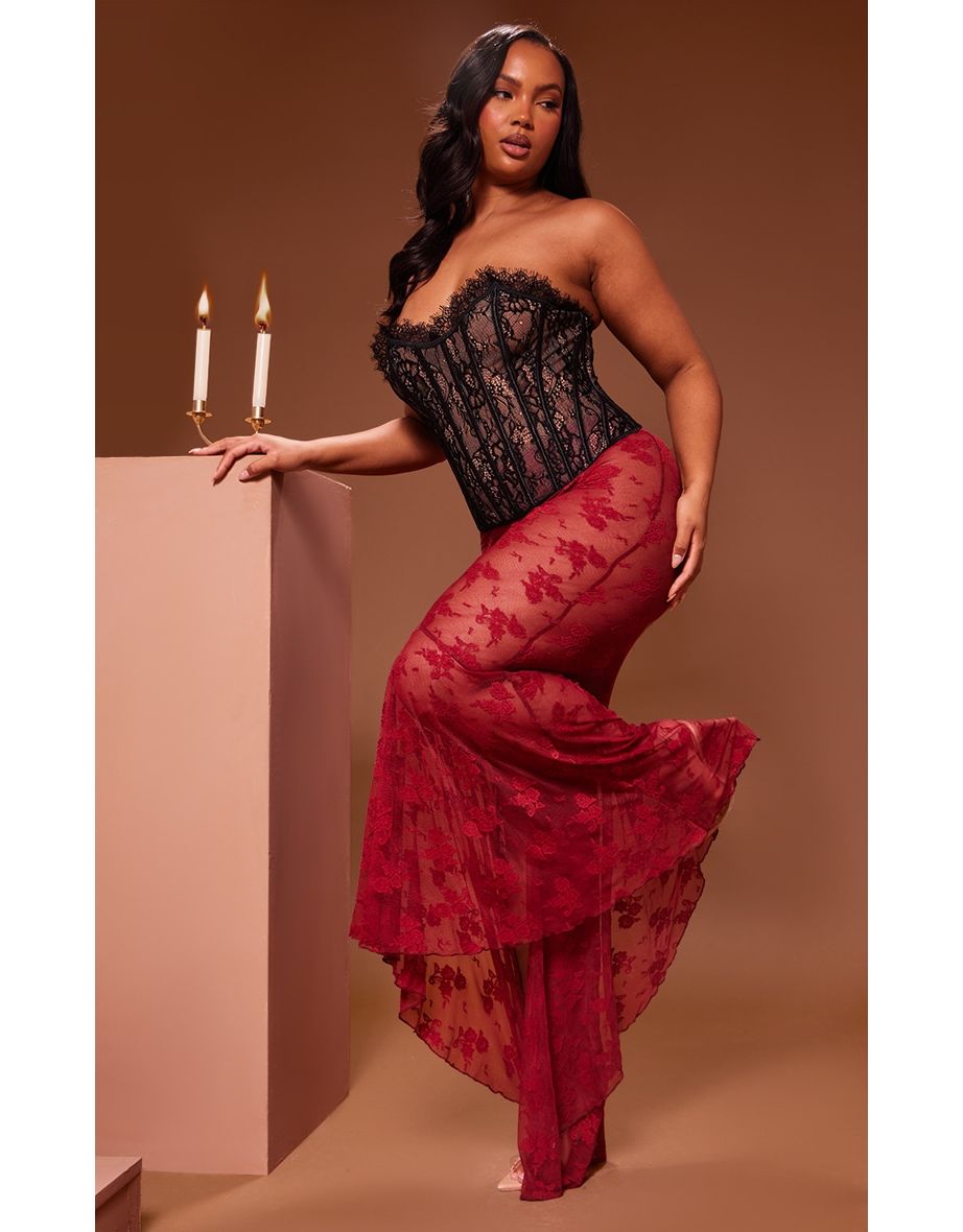 Plus Black Lace Boned Lace Up Back Corset