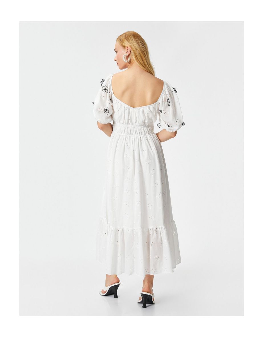 Balloon Sleeve Scalloped Midi Dress - 5