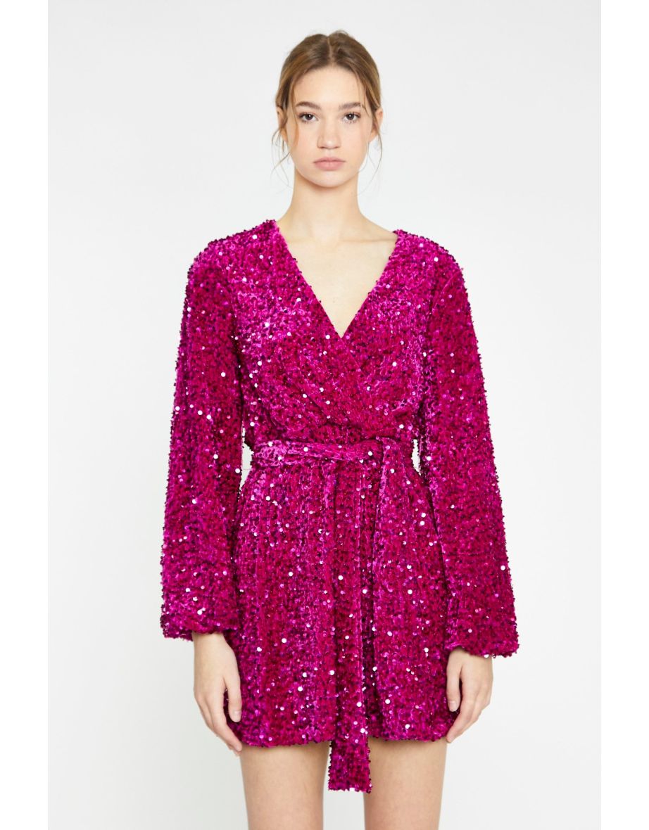 Cerise Velvet-Sequin Tie-Waist Wrap Mini-Dress