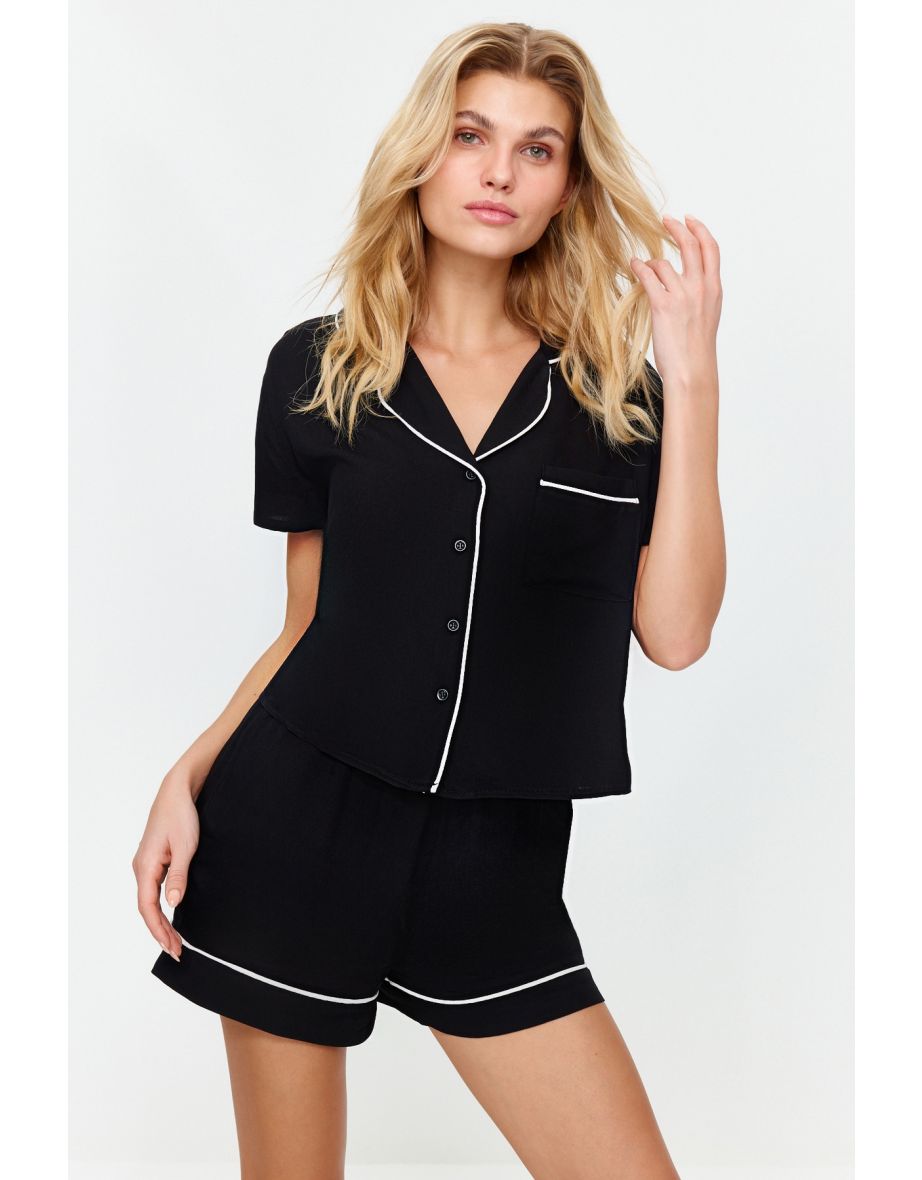 Black Piping Detailed Woven Pajama Set