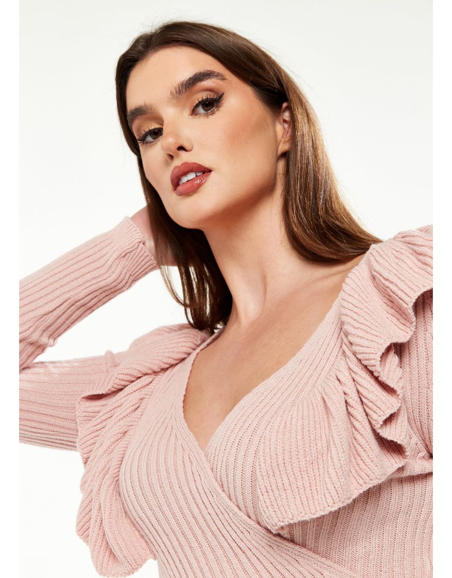 Women's Cardigan in Pink with Frill Sleeves, Wrap Design - 4