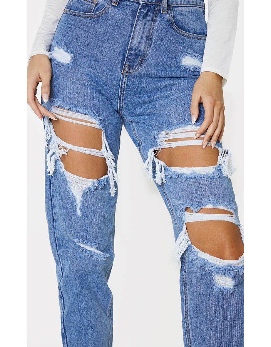 PRETTYLITTLETHING Tall Mid Blue Distressed Mom Jean - 3