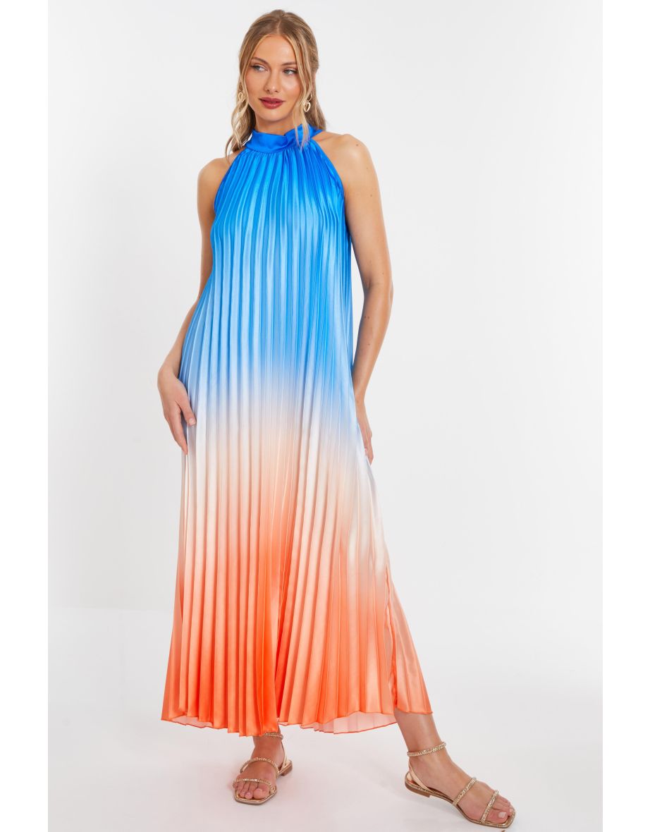 Blue Satin Ombre Pleated Maxi Dress