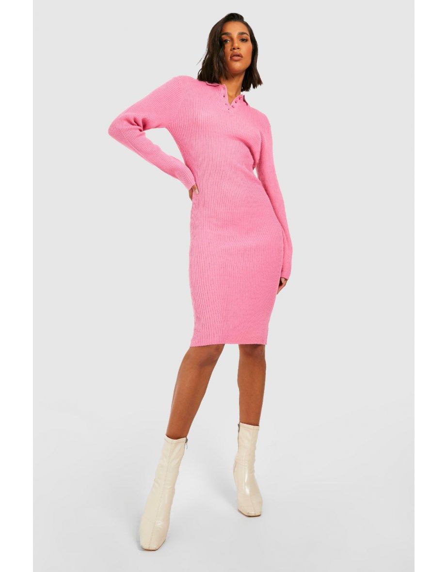 Polo Collar Rib Knit Midi Dress - pink - 3