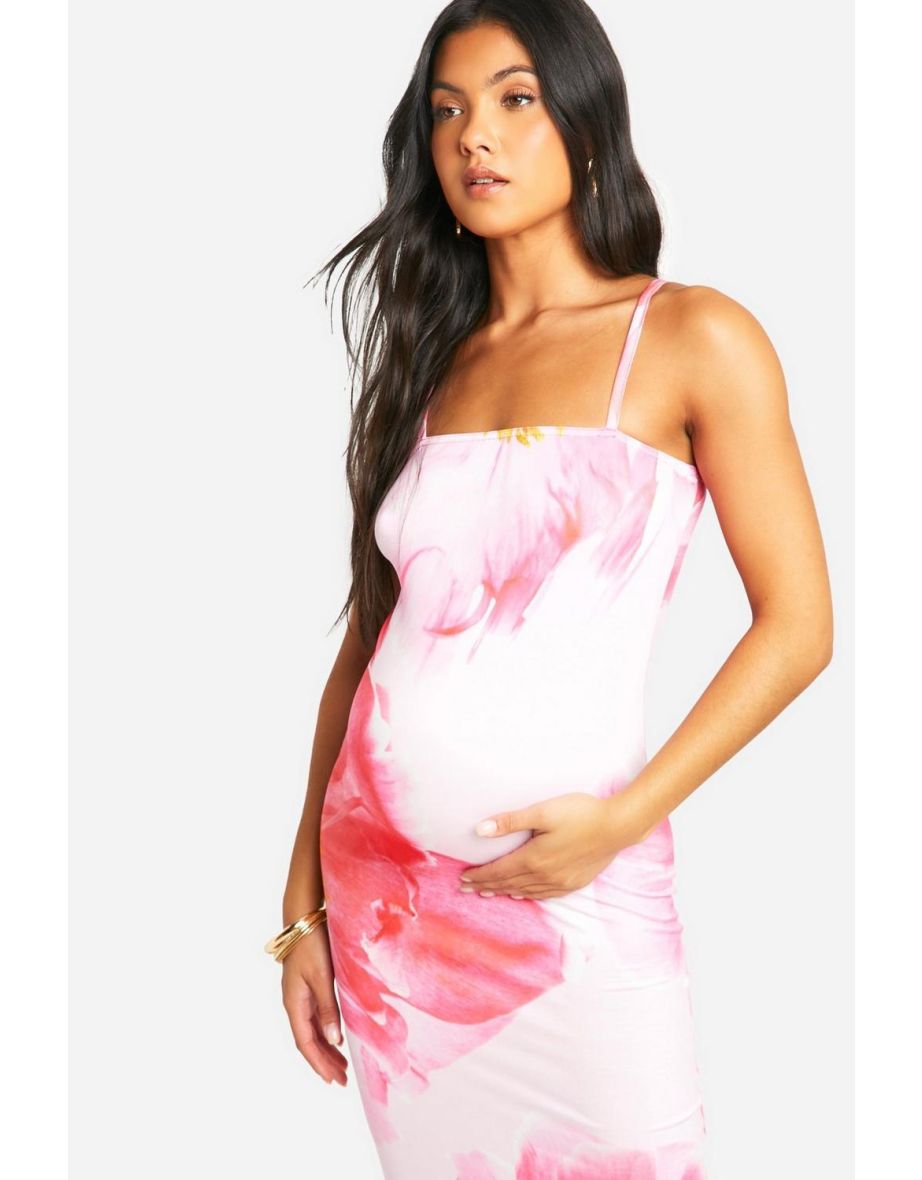 Maternity Floral Print Super Soft Strappy Maxi Dress - pink - 3