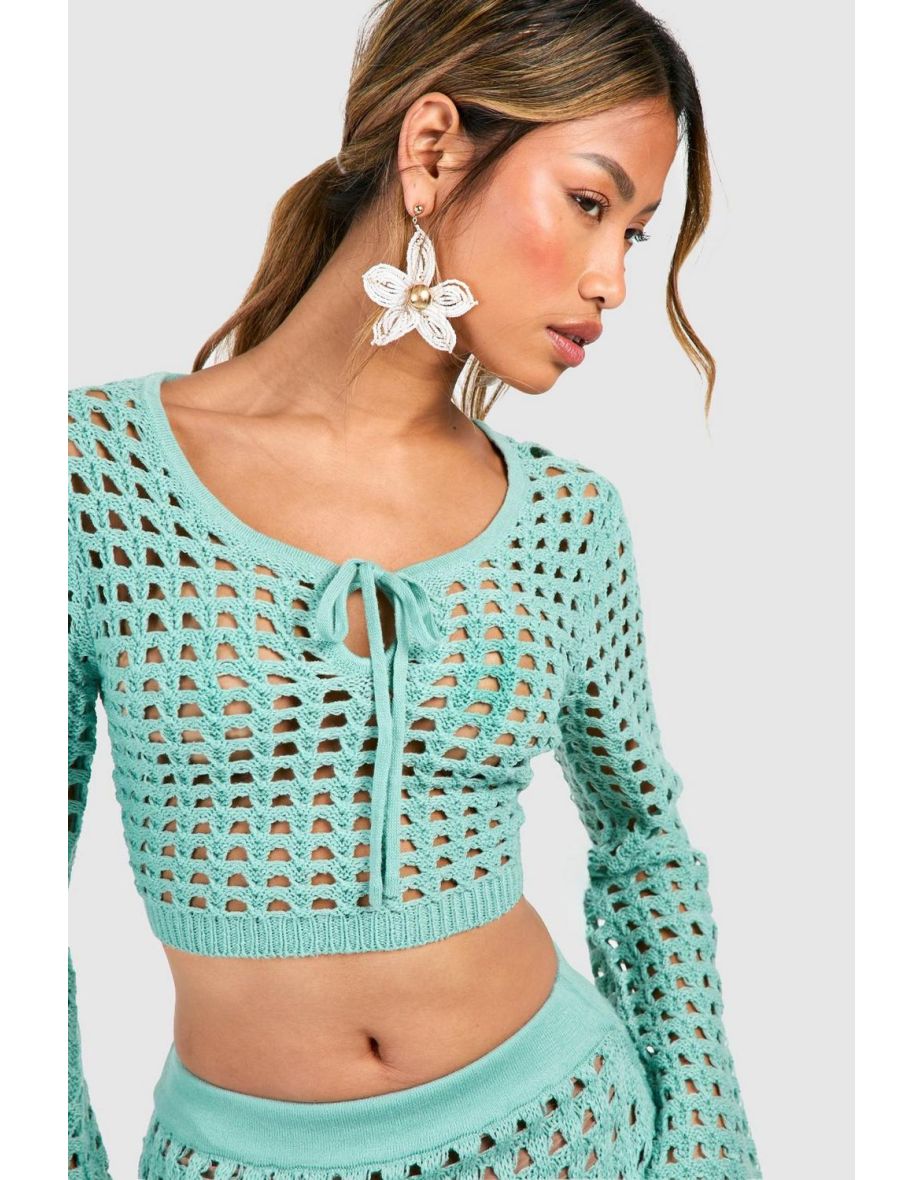 Crochet Lace Up Crop Top - turquoise - 3