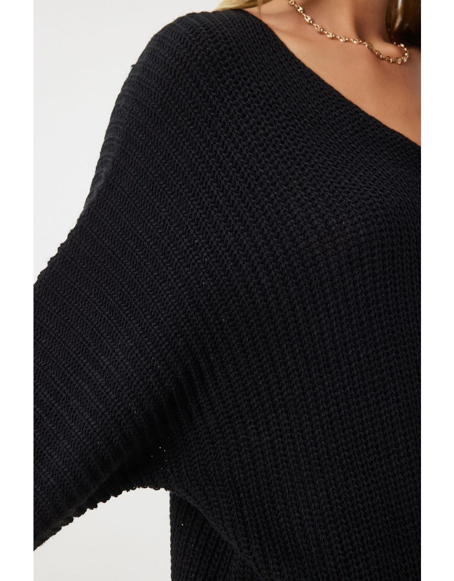 Women's Black V-Neck Thessaloniki Knit Oversize Knitwear Sweater - 7