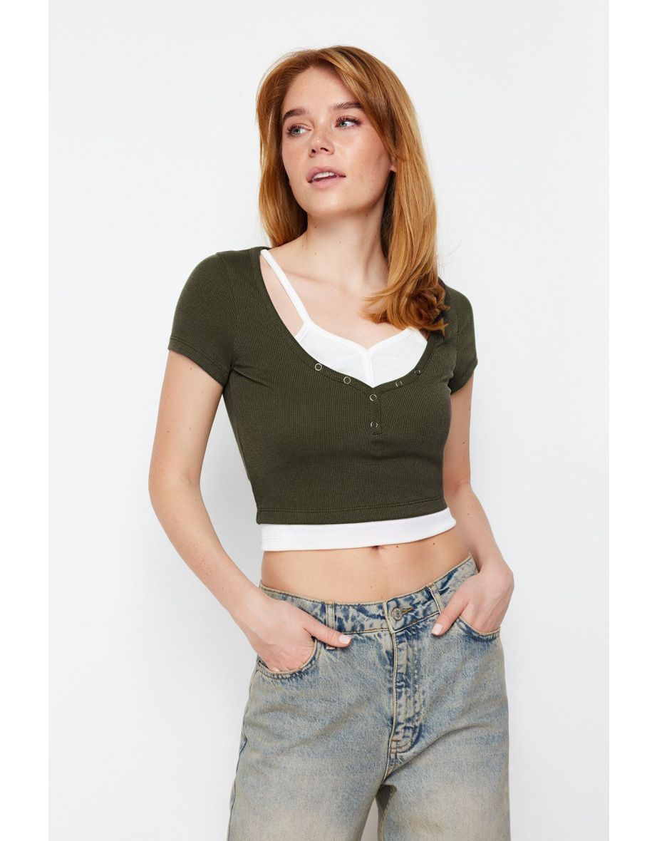 Khaki Double Layer Detailed Fitted Ribbed Elastic Knitted Blouse