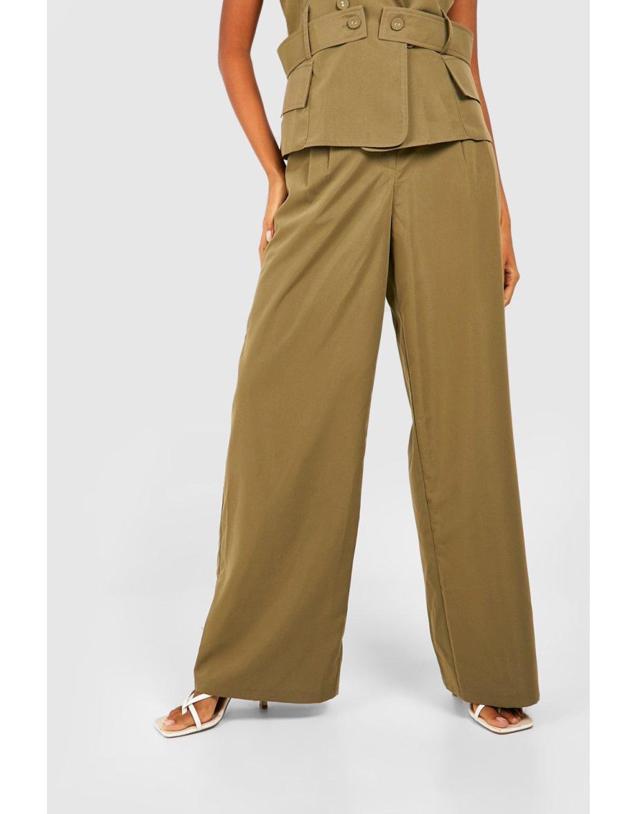 Pleat Front Wide Leg Tailored Trousers - khaki - 3