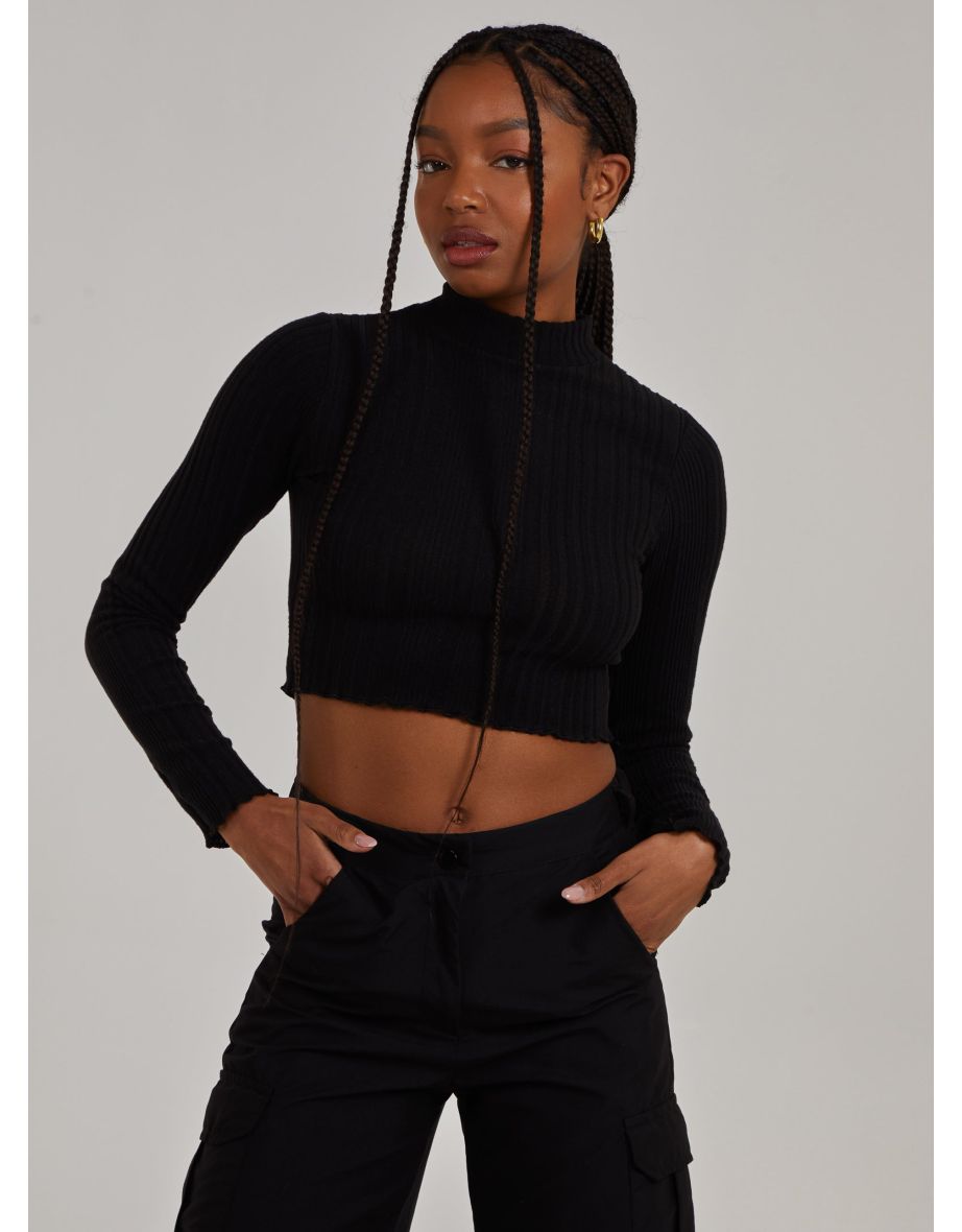 Wide Brushed Ribbed Lettuce Hem Long Sleeve Crop Top