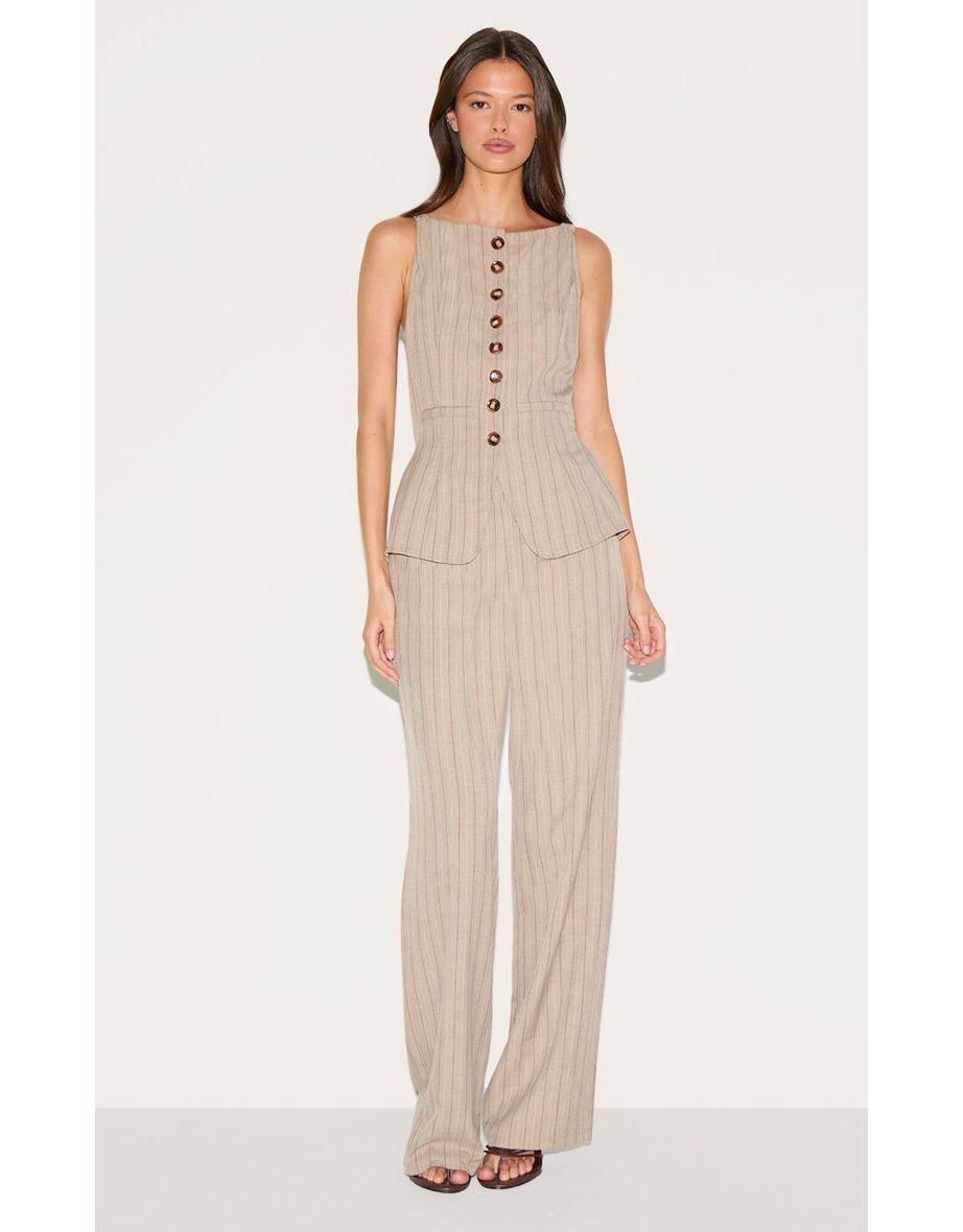 Brown Pinstripe Linen Button Down Peplum Hem Jumpsuit