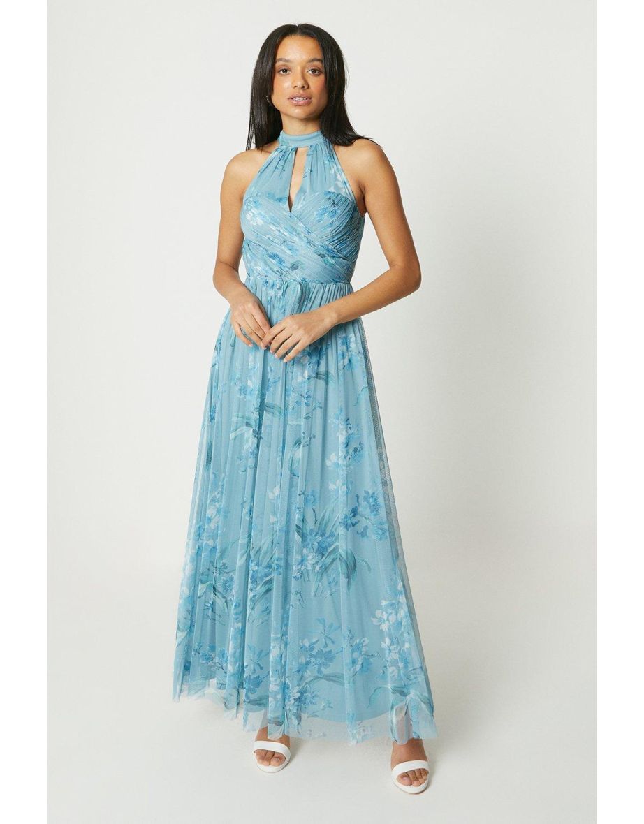 Debut London Floral Mesh Halterneck Bridesmaids Maxi Dress dusty blue