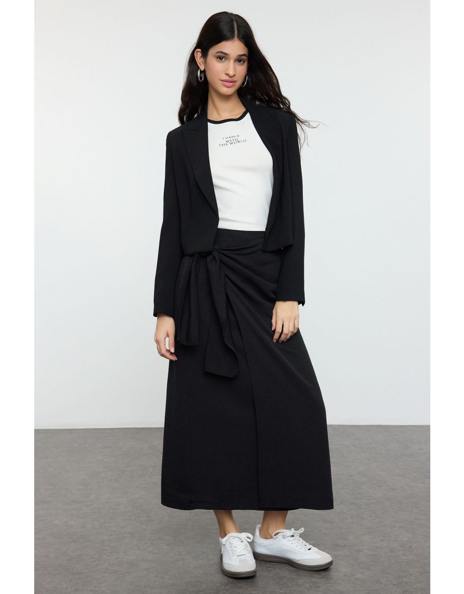 Black Double Breasted Tie Detailed Woven Linen Look Skirt