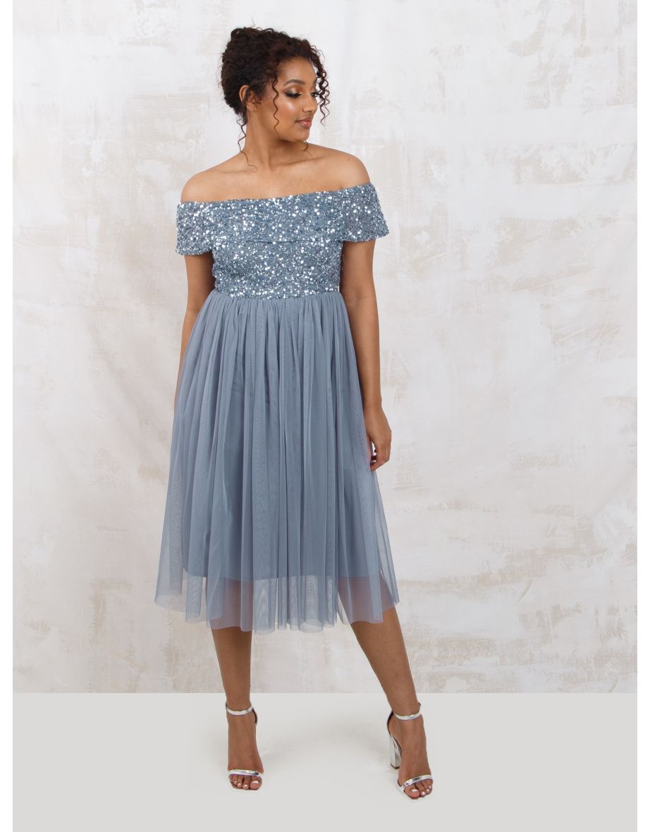 Shop Maya Dusty Blue Bardot Embellished Midi Dress Online in Bahrain VogaCloset