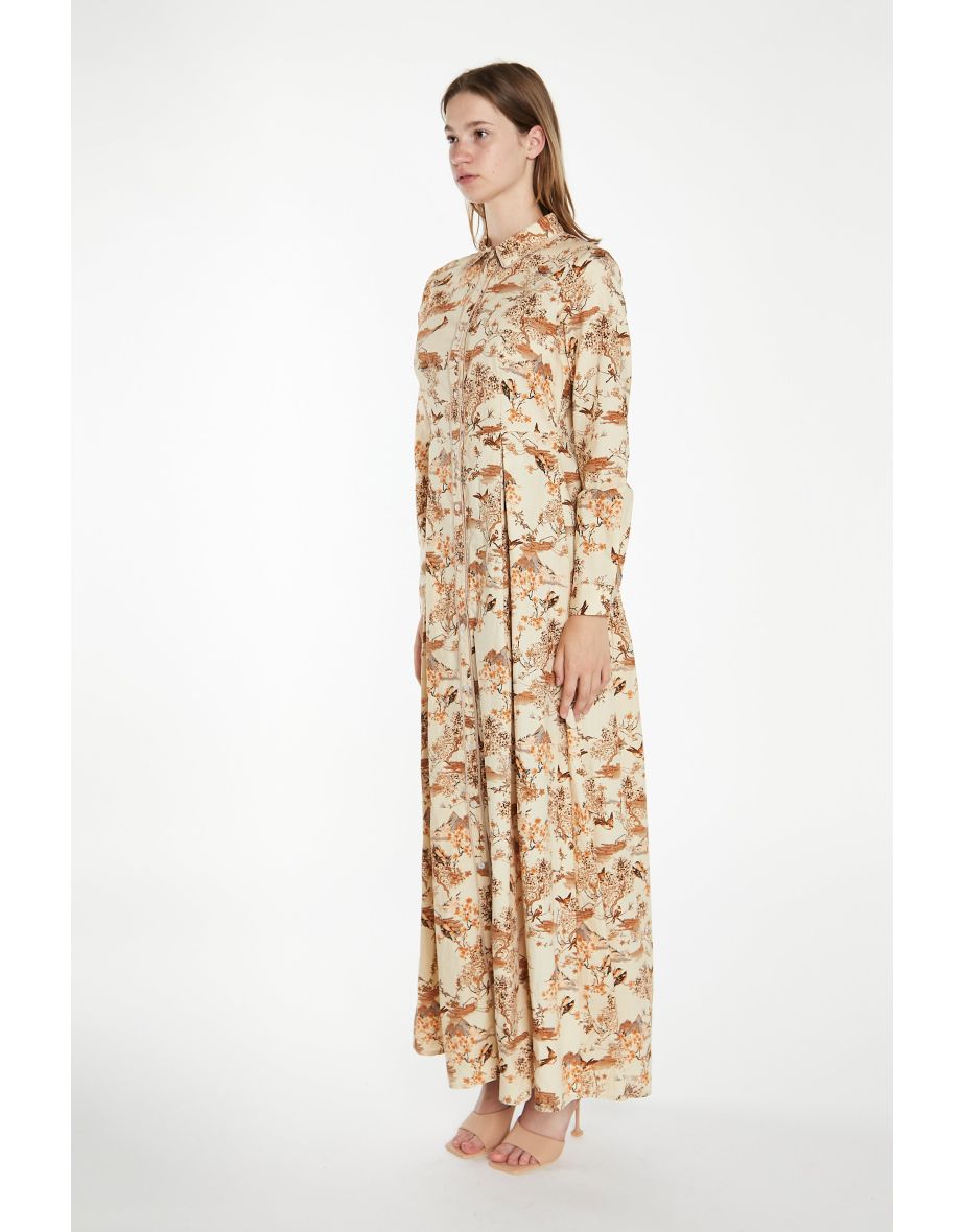 Tan Multi Blossom Long-Sleeve Maxi Shirt-Dress - 3