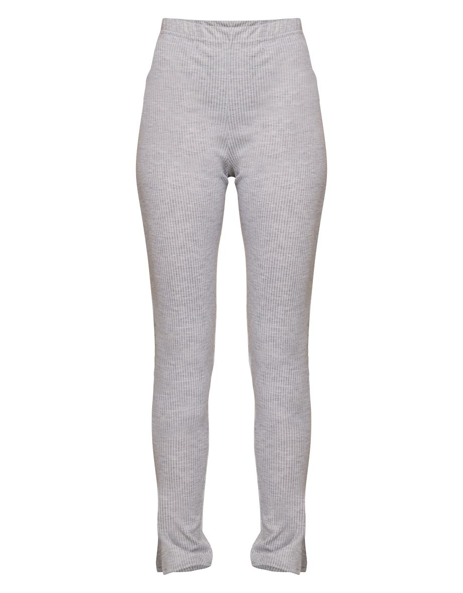 Light Grey Wide Two Tone Rib Split Hem Leggings - 4