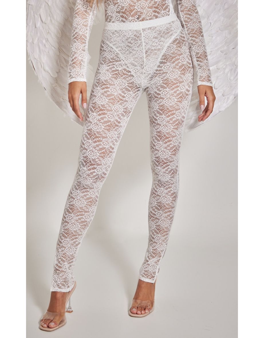 White Lace High Waisted Split Hem Leggings