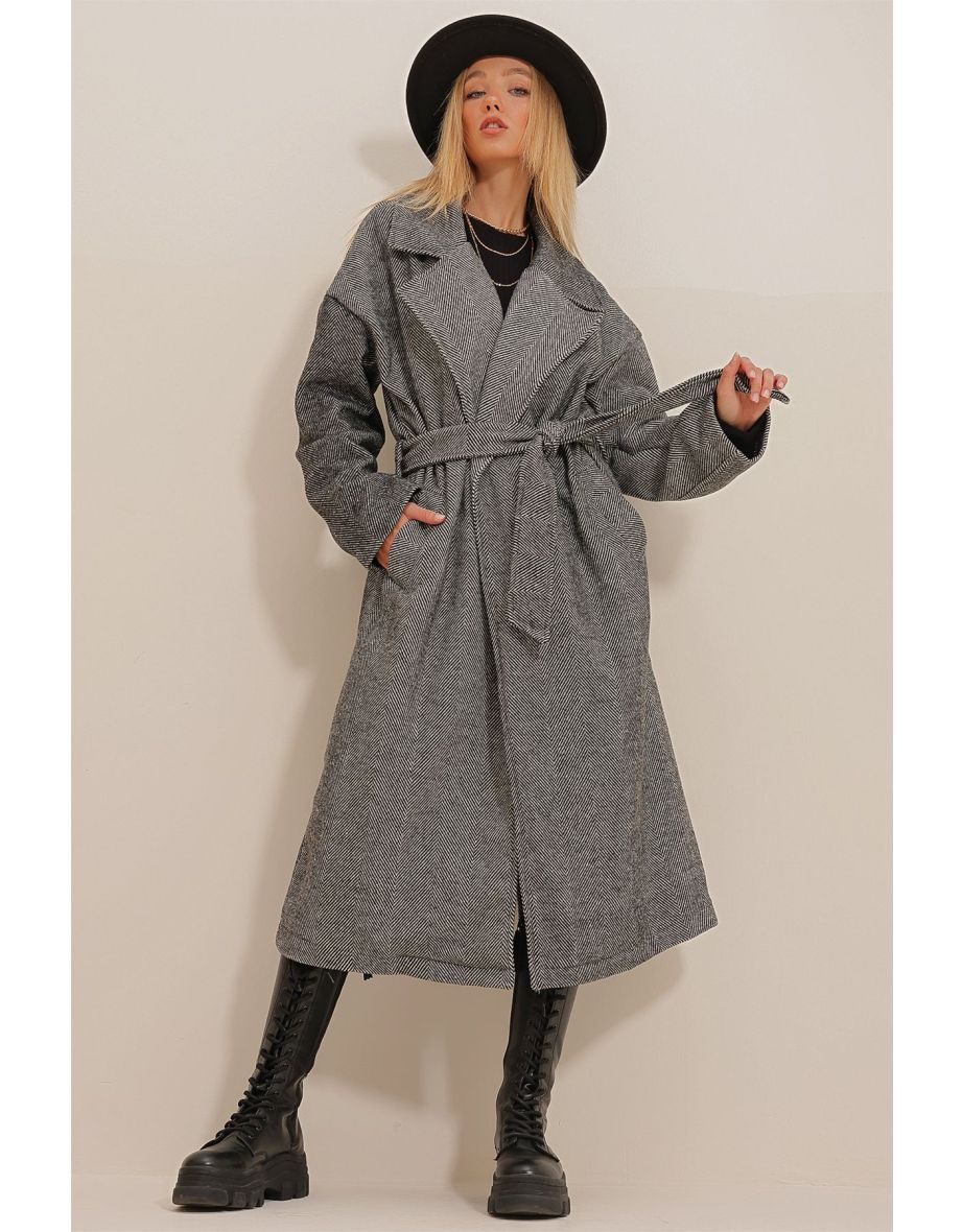Women's Black Double Breasted Waist Belted Herringbone Patterned Cachet Coat