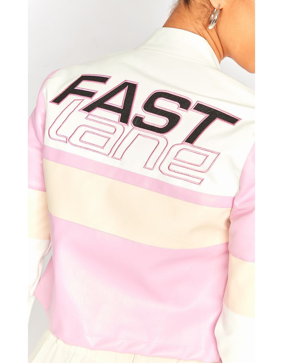 Light Pink Slogan Back Fitted Faux Leather Racer Jacket - 3