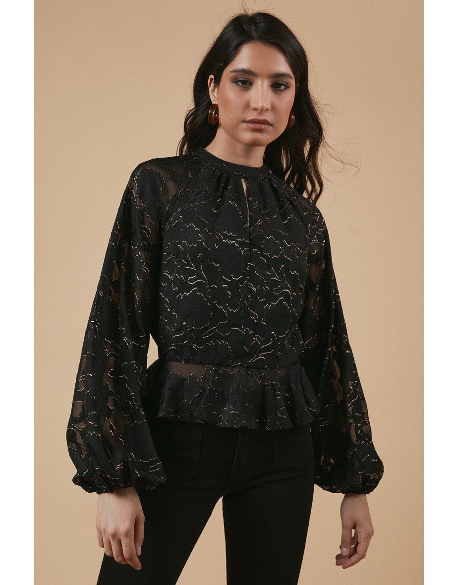 Chiffon Metallic Jacquard Keyhole Blouse