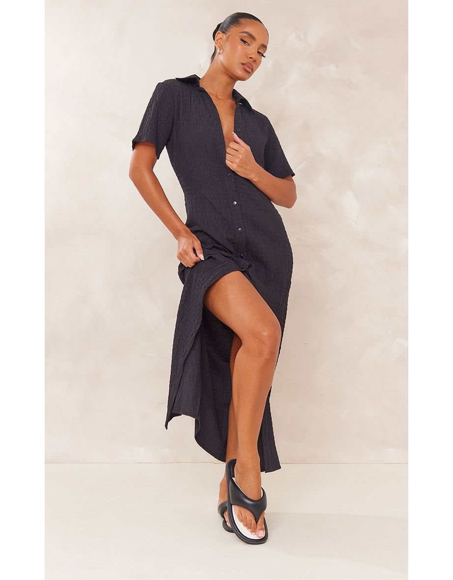 Shop Black Crinkle Textured Button Maxi Shirt Dress Online in Qatar VogaCloset