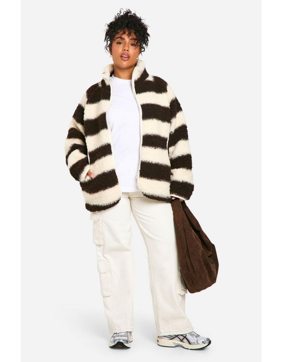 Plus Stripe Oversized Curly Teddy Zip Up Jacket - chocolate