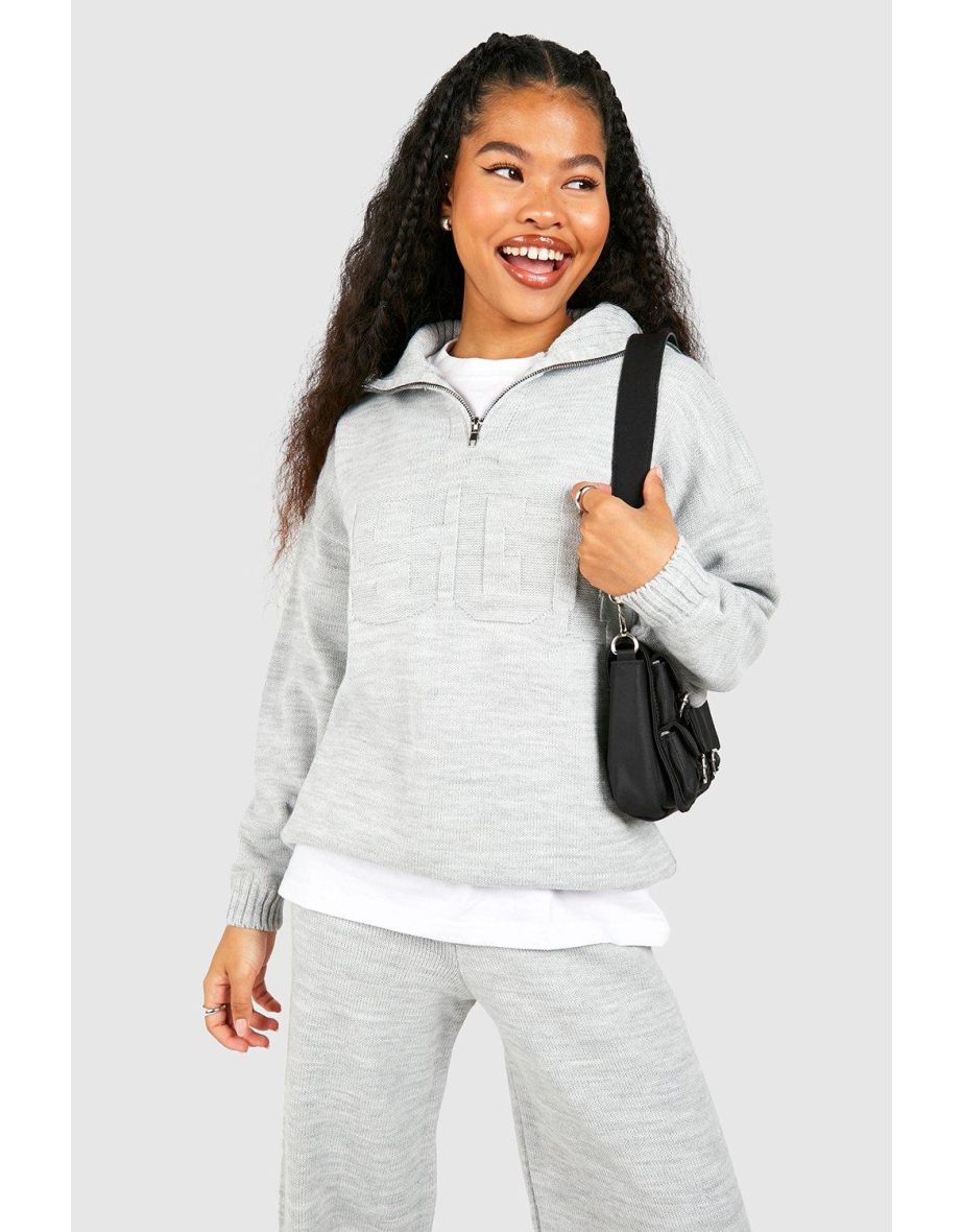 Shop Petite Dsgn Embossed Knitted Half Zip Jumper grey Online in Bahrain VogaCloset