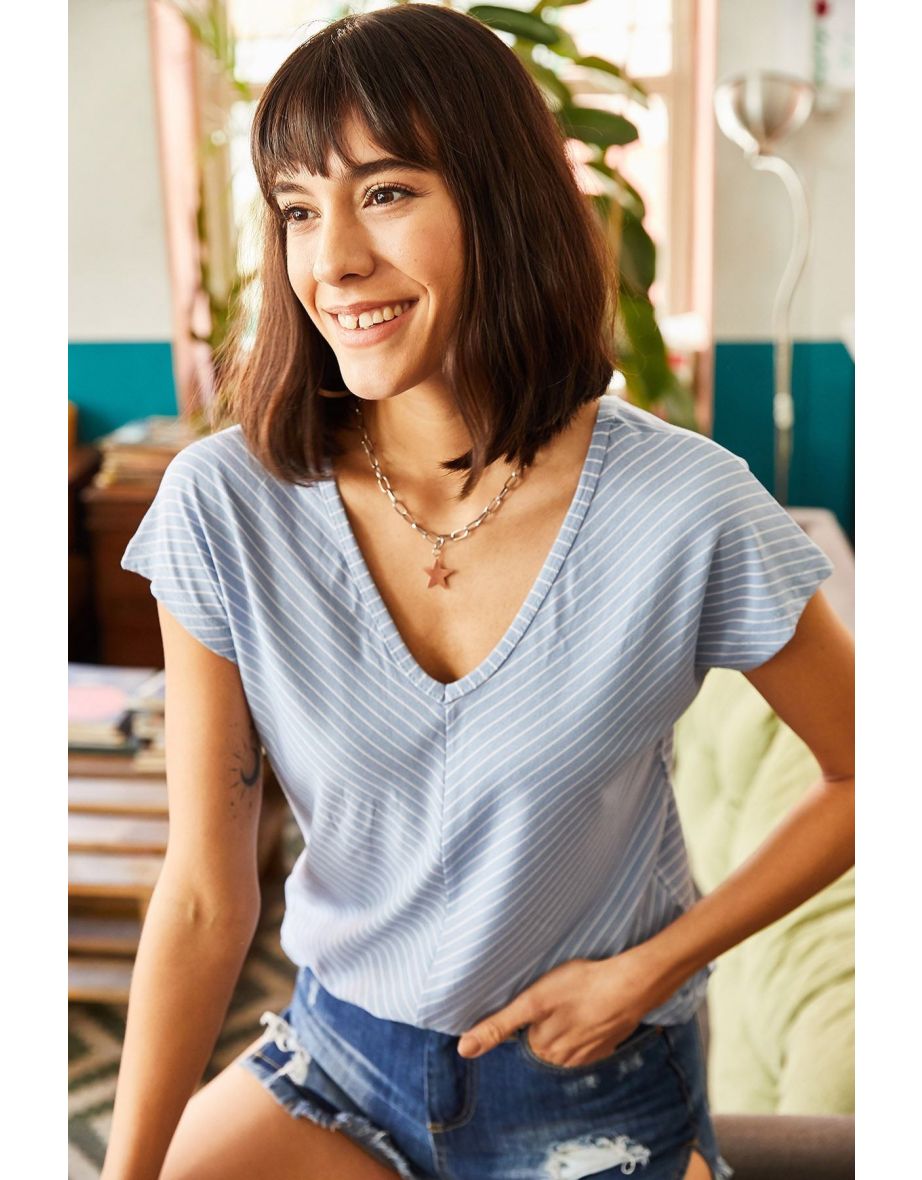 Women's Baby Blue Front Back V Bias T-Shirt - 4