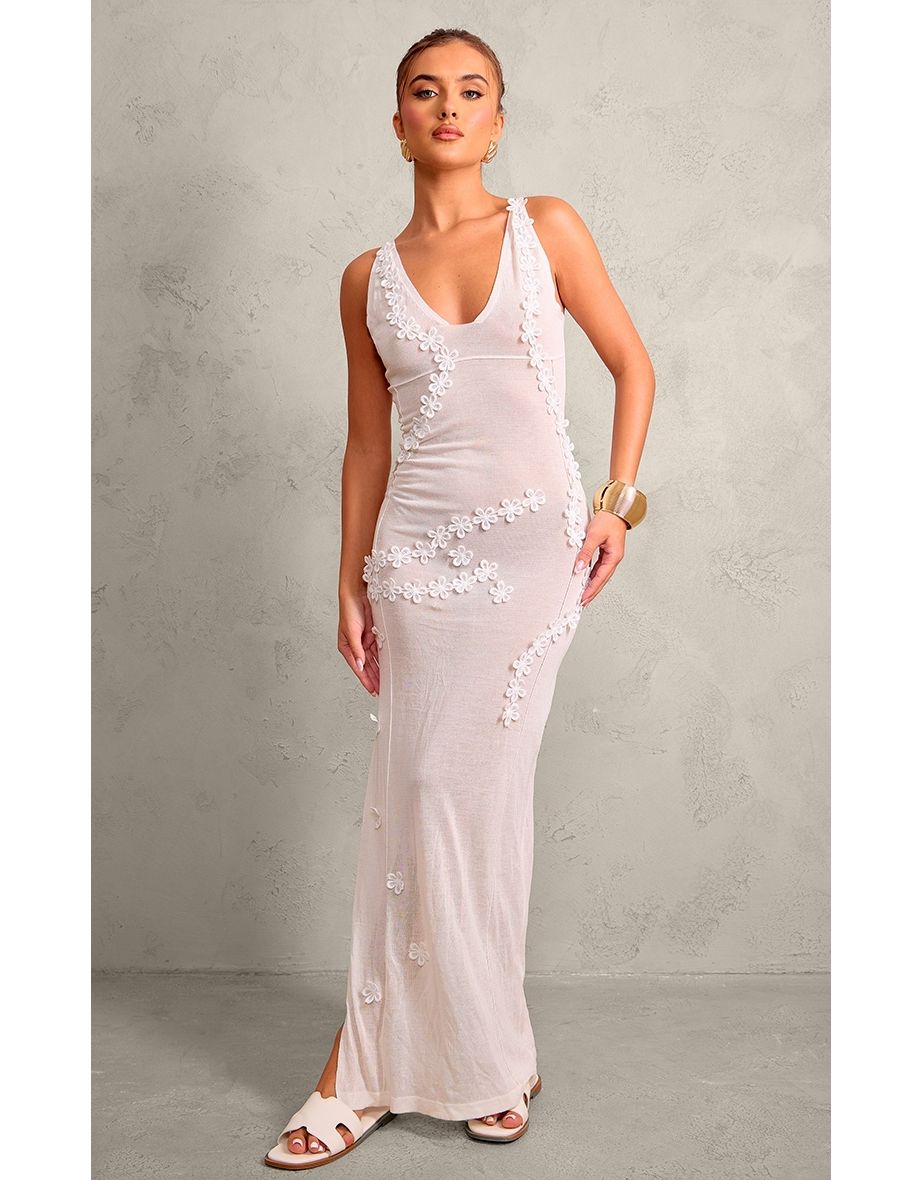White Flower Applique Sheer Maxi Dress